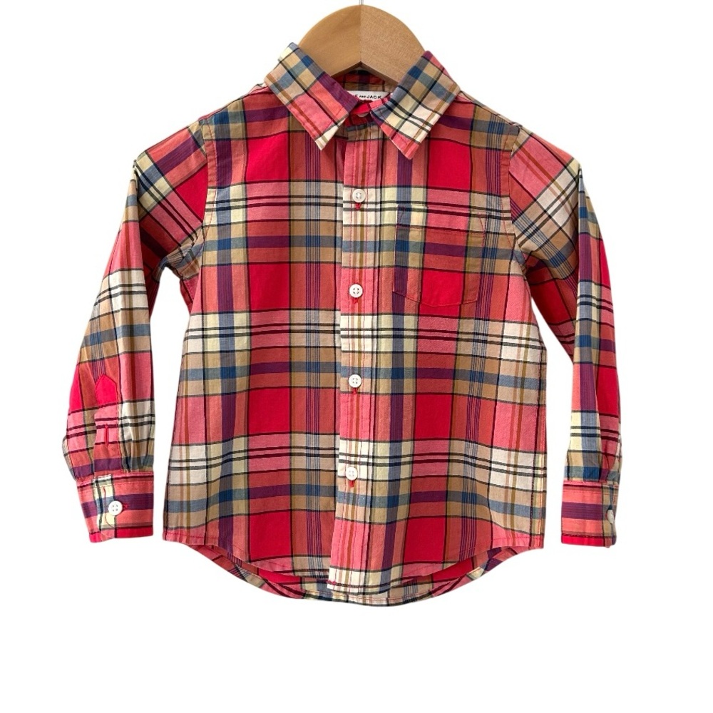 Janie and Jack boys Madras Plaid shirt 2T pink blue tan cream cotton NWT